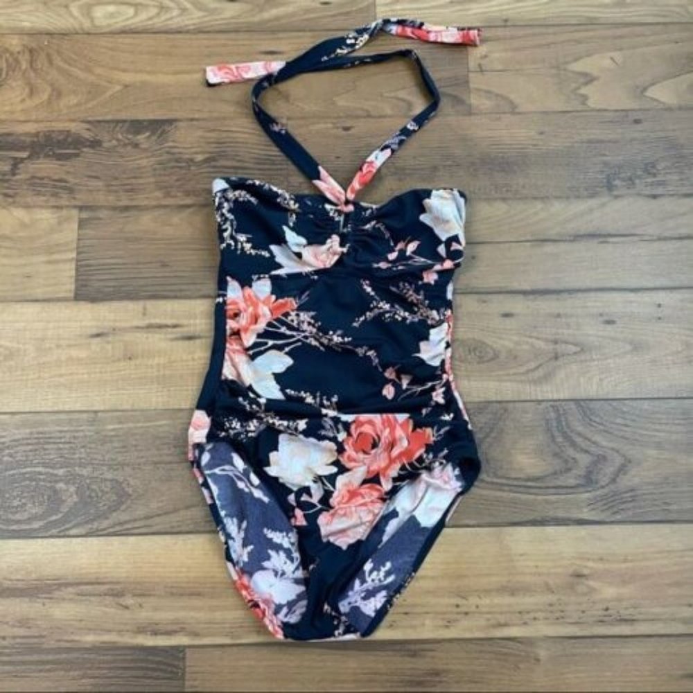 Zimmermann Black Pink Rose Floral Halter Swim Suit